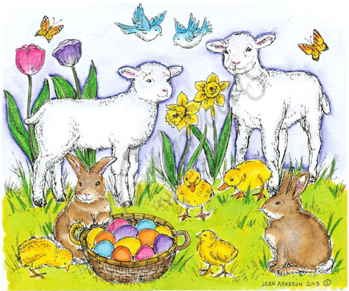 Two Lambs, Bunnies, Chicks, And Basket